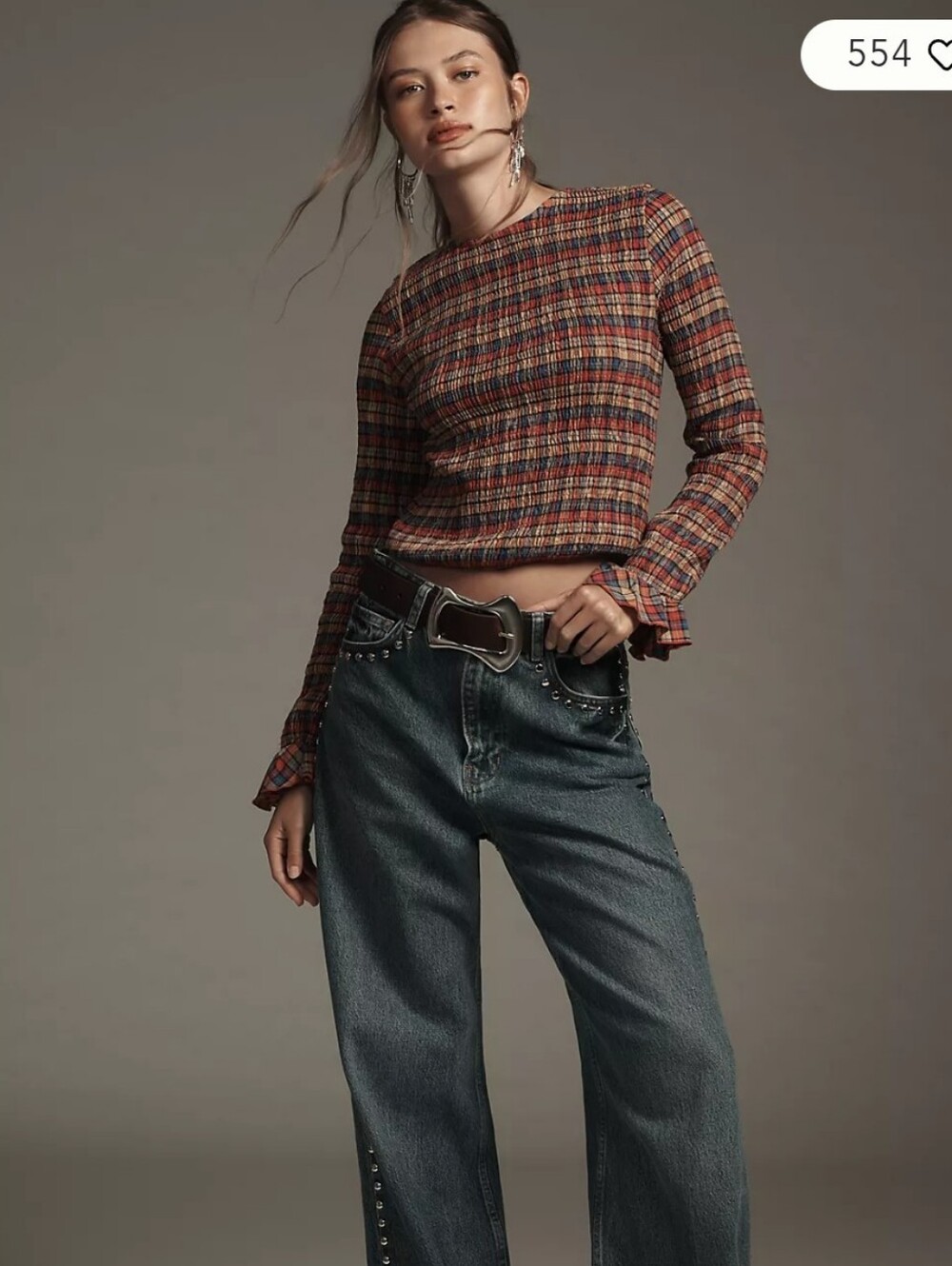 Anthropologie Maeve Long-Sleeve Smocked Boho Cottagecore Plaid Blouse Sz Medium